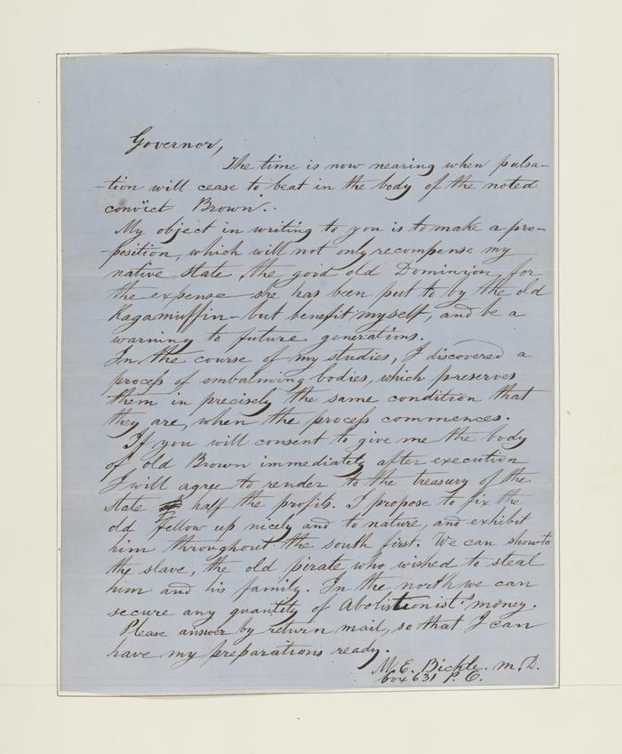 M.E. Bickle letter to Governor of Virginia concerning John Brown's body, 1859