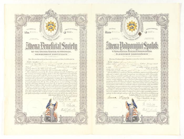 Zivena Beneficial Society membership certificate, 1932