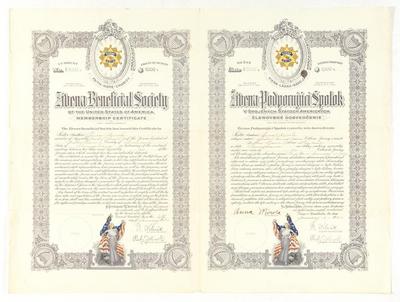 Zivena Beneficial Society membership certificate, 1932