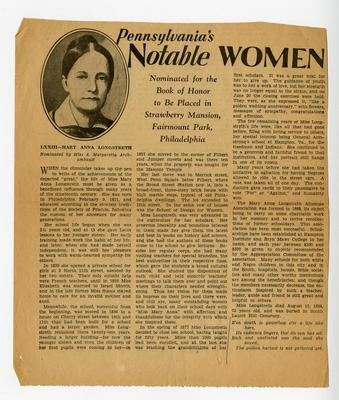 “Pennsylvania’s Notable Women,” featuring Marry Anna Longstreth Philadelphia Public Ledger article 