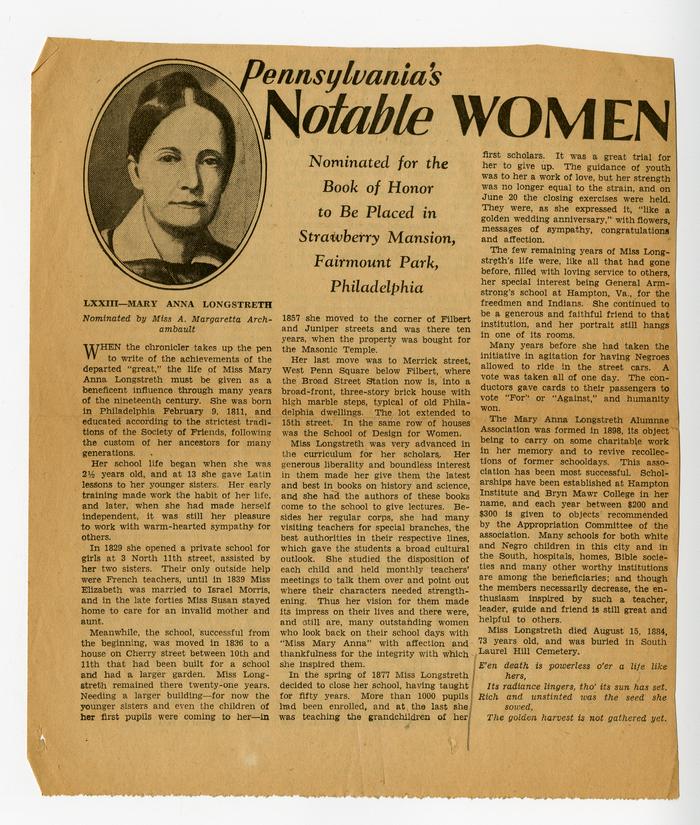 “Pennsylvania’s Notable Women,” featuring Marry Anna Longstreth Philadelphia Public Ledger article 