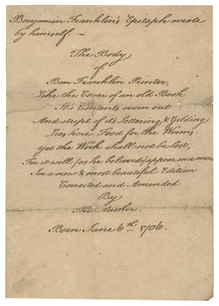 Benjamin Franklin's Epitaph written by himself, before 1790