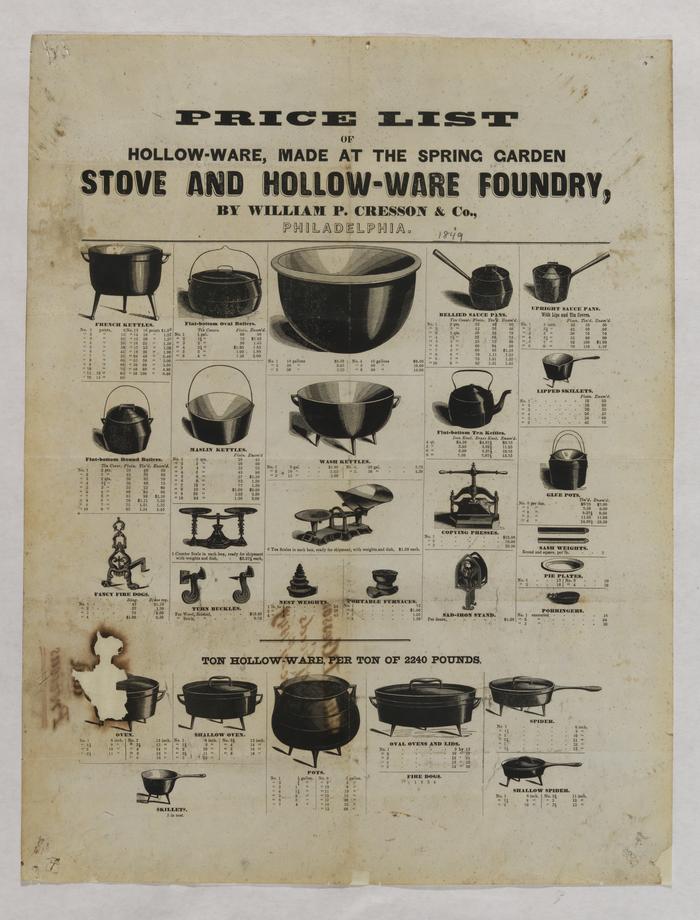 Price list of Hollow-ware, made at the Spring Garden Stove and Hollow-ware Foundry, by William P. Cresson & Co., Philadelphia