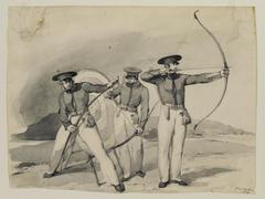 Three Bowmen Stringing Bows and Shooting Arrows 