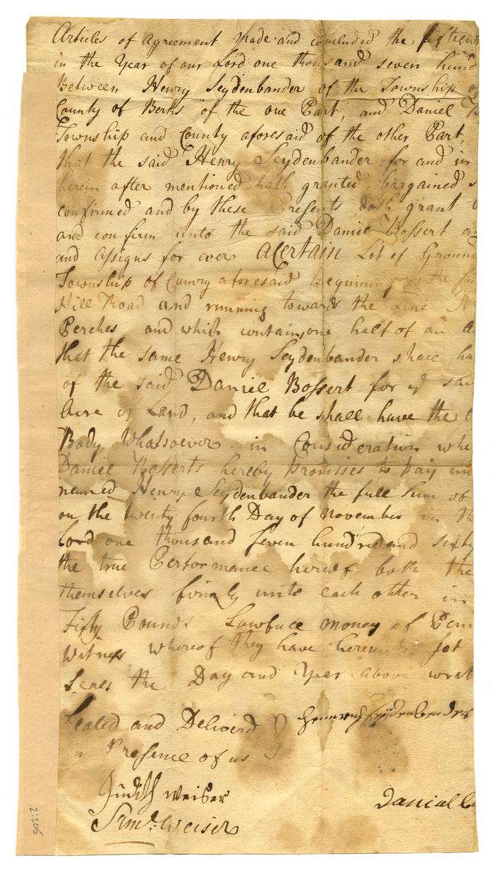 Land transfer from Henry Seydenbander to Daniel Bossert (undated)