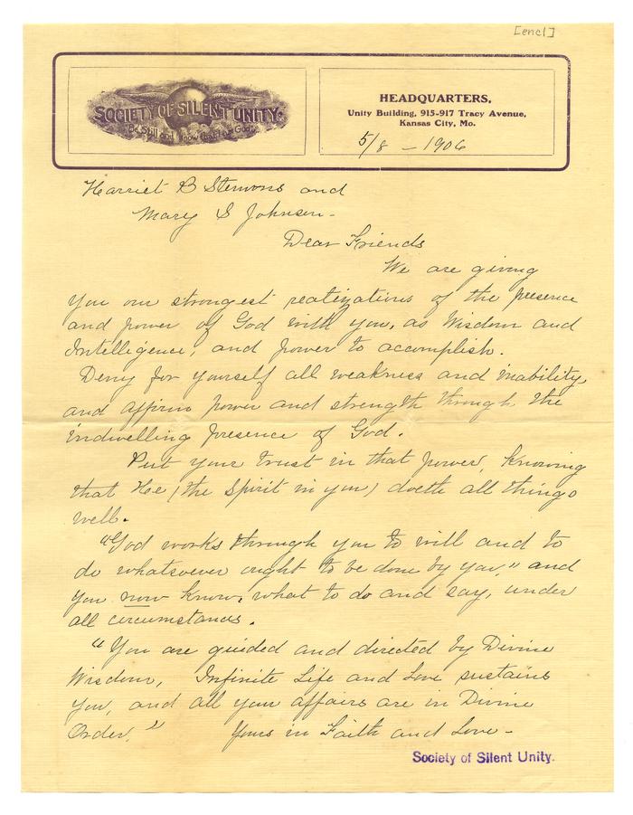 Letter from the Society of Silent Unity to Harriet B. Stemons and Mary S. Johnson (May 8, 1906)