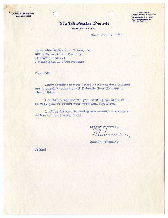 Senator John F. Kennedy to the Honorable William J. Green, Jr.