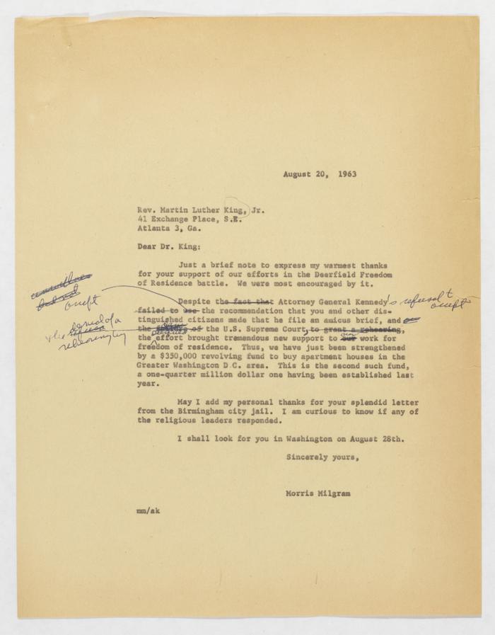 Draft of letter from Morris Milgram to Martin Luther King, Jr., August 20, 1963