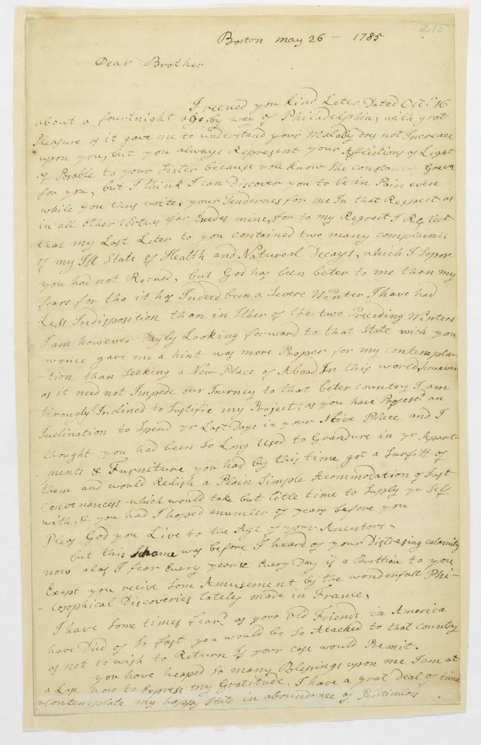 Jane Franklin Mecom letter to Benjamin Franklin, May 26, 1785