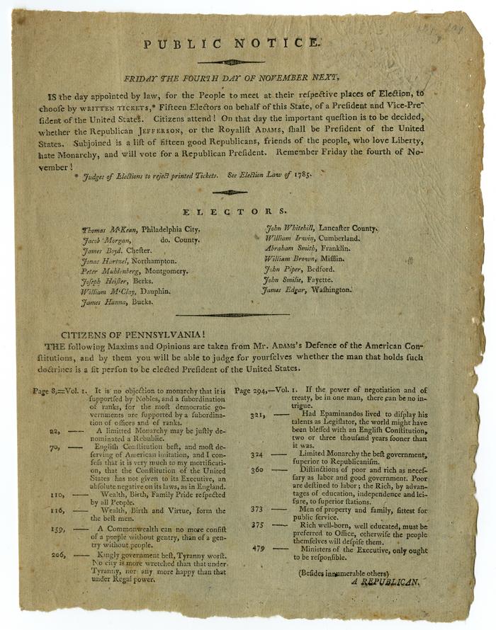 Public Notice concerning the Presidential election of 1796