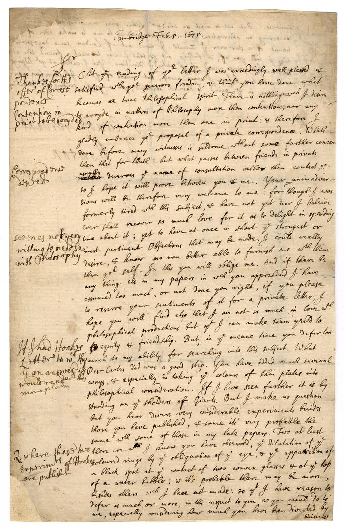 Isaac Newton letter to Robert Hooke, 1675