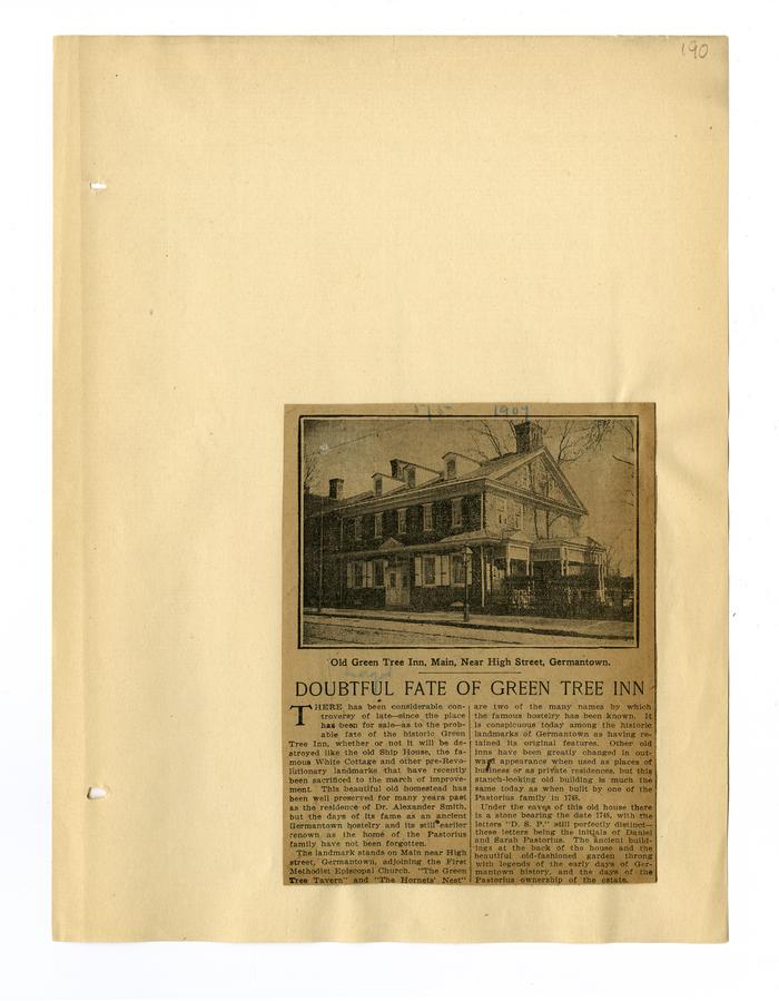 Doubtful Fate of Green Tree Inn newspaper clipping, 1907