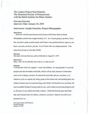 Latino project transcripts: Giovana Guevara, 2003 January 24