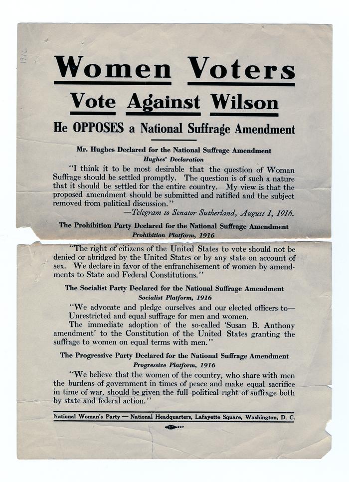 Women Voters Against Wilson broadside, 1916