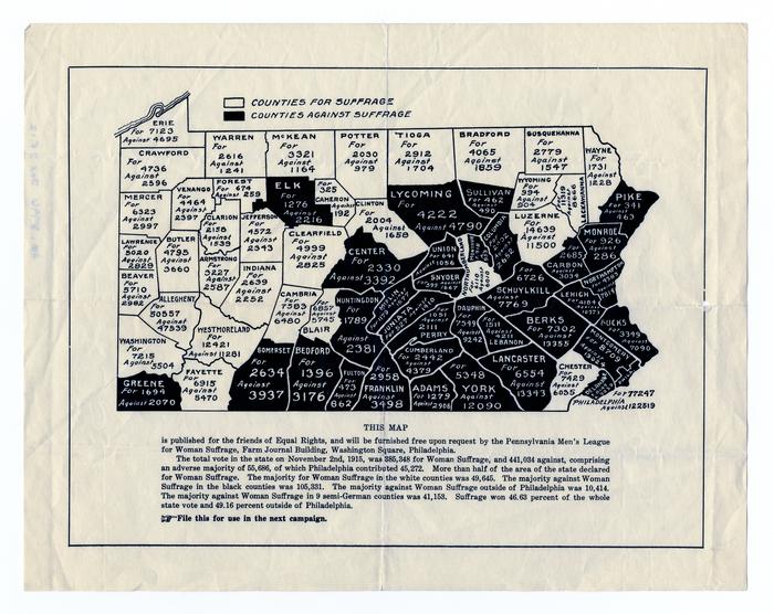 Pennsylvania Men's League for Women Suffrage Votes by County map, 1915