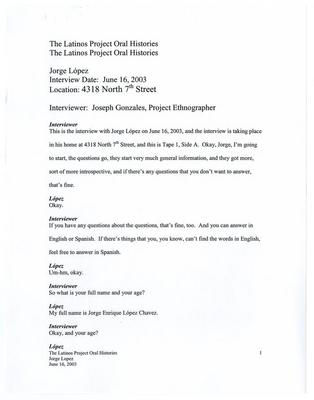 Latinos Project transcript of Jorge Lopez interview, 2003