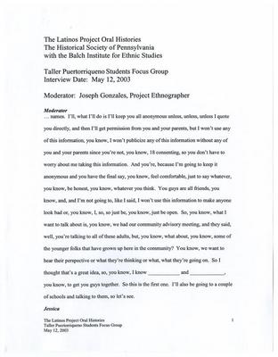 Latinos Project transcript of the Taller Puertorriqueno Students Focus Group, 2003