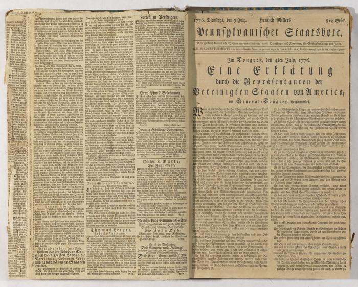 Der Wöchentliche Philadelphische Staatsbote front page, July 9, 1776 [The Weekly Philadelphian State-Herald]