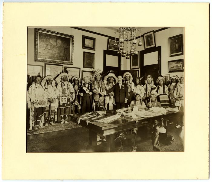 John and Rodman Wanamaker with Native American men group portrait, 1913