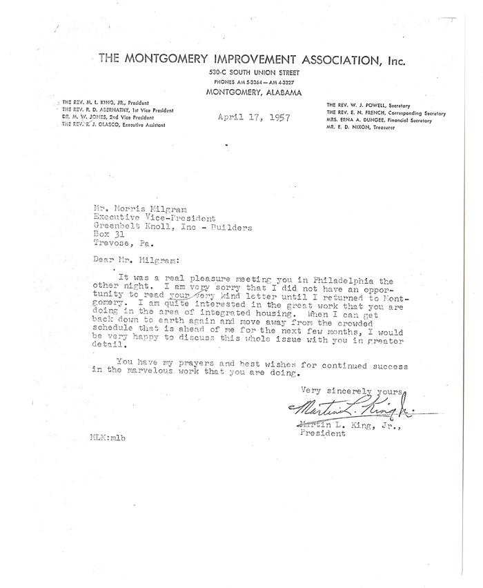 Martin Luther King Jr. letter to Morris Milgram, April 17, 1957