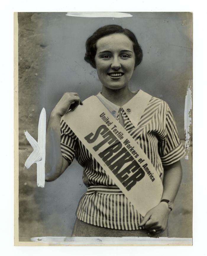 Woman wearing United Textile Workers of America Striker sash photograph, 1934