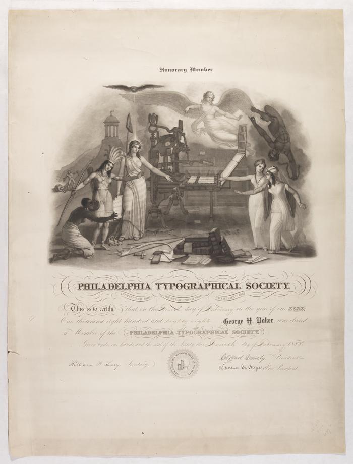 Philadelphia Typographical Society membership certificate for George H. Boker, 1814