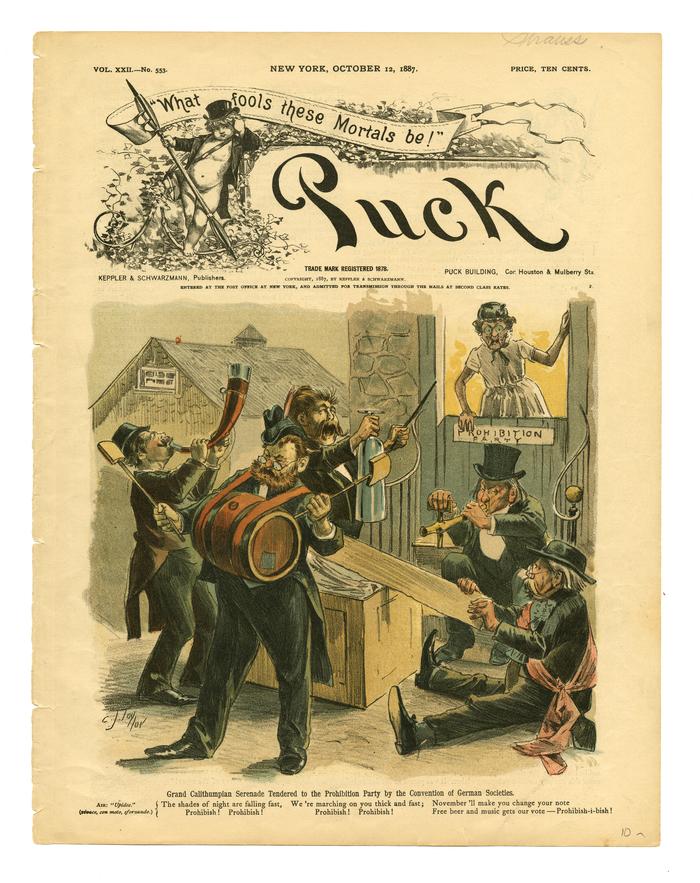 Grand Calithumpian Serenade Tendered to the Prohibition Party by the Convention of German Societies political cartoon, 1887