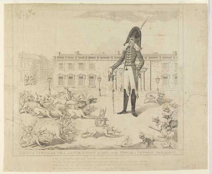 Caucus Curs in Full Yell, or a War-Whoop to Saddle on the People a Papoose President political cartoon, circa 1824