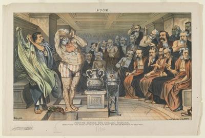 Phryne Before the Chicago Tribunal political cartoon, 1884