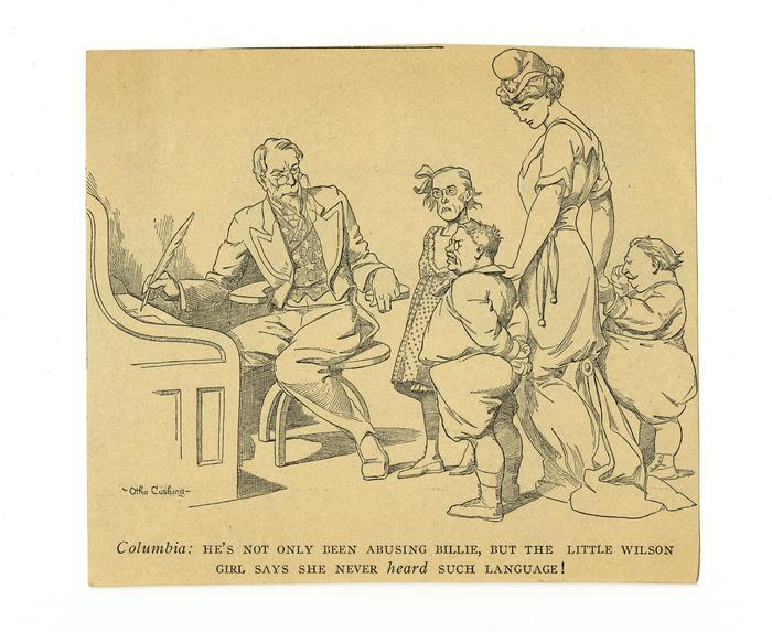 Columbia: "He's not only been abusing Billie, but the little Wilson girl says she never heard such language!" political cartoon, circa 1909-1912