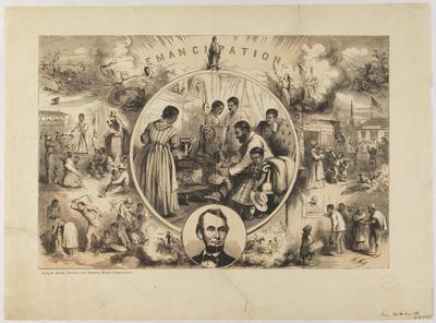 Emancipation Proclamation illustration print by Thomas Nast, circa 1865