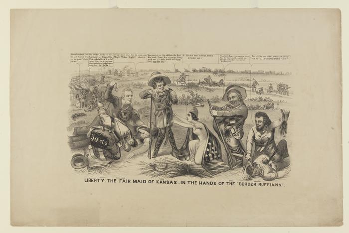 Liberty, the Fair Maid of Kansas--in the Hands of the "Border Ruffians." political cartoon, 1856