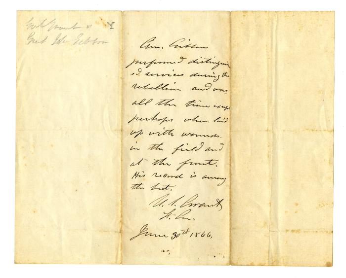 Ulysses S. Grant testimonial of John Gibbon, 1866