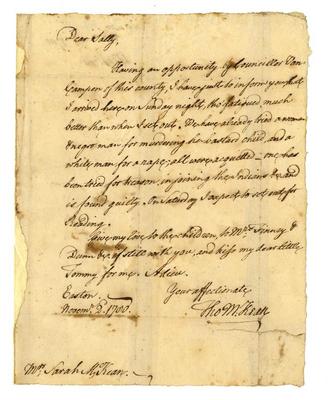 Thomas McKean correspondence to Sarah McKean, November 2nd, 1780