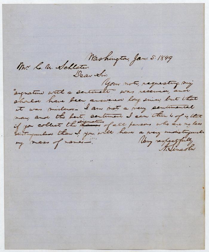 Abraham Lincoln letter to C. U. Schlater, 1849