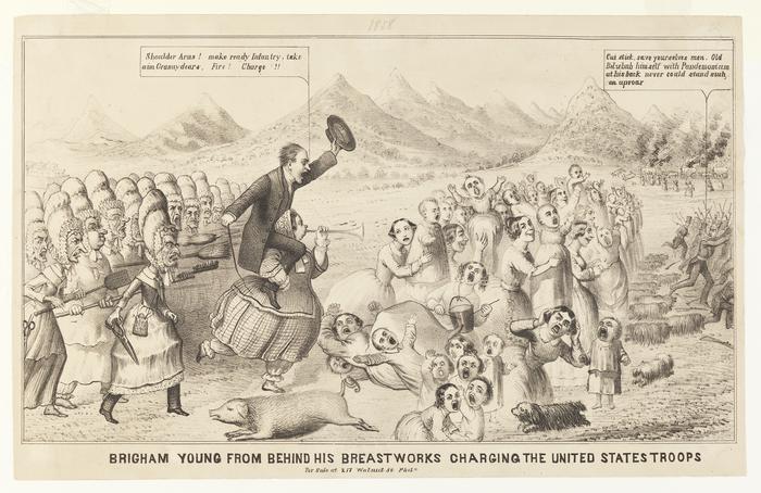 Brigham Young from Behind his Breastworks Charging the United States Troops political cartoon, circa 1858