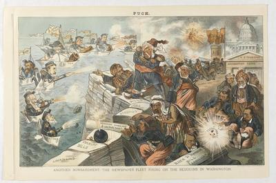 Another Bombardment, the Newspaper Fleet Firing on the Bedouins in Washington political cartoon, 1882