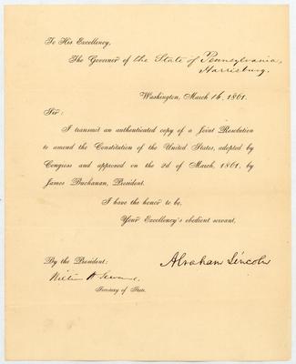 Abraham Lincoln to Andrew G. Curtin regarding the Corwin Amendment