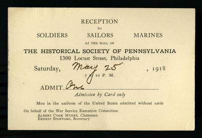 Historical Society of Pennsylvania War Service Committee reception card