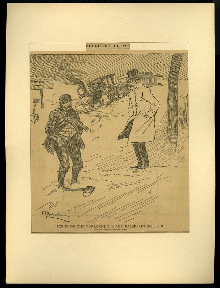 Scene on the Forlornhope and Falsepretense R. R. political cartoon, 1895