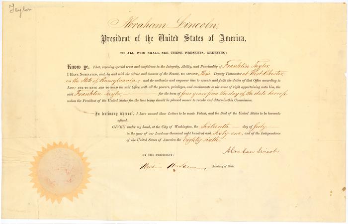 Appointment of Franklin Taylor as Deputy Postmaster of West Chester, Pennsylvania