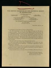 War Service Committee of the Historical Society of Pennsylvania memo to members