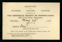 Historical Society of Pennsylvania War Service Committee reception card