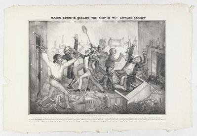 Major Downing Queling the Riot in the Kitchen Cabinet political cartoon, circa 1833