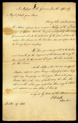 Message for the Governor from the [Pennsylvania] Assembly, October 19th 1774