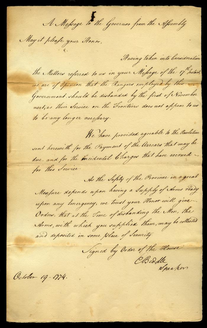 Message for the Governor from the [Pennsylvania] Assembly, October 19th 1774