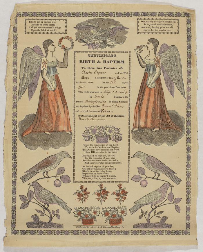 Francis Clymer birth and baptismal certificate, 1846 