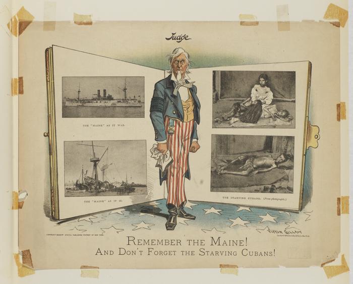 Remember the Maine! And Don't Forget the Starving Cubans! political cartoon, 1898