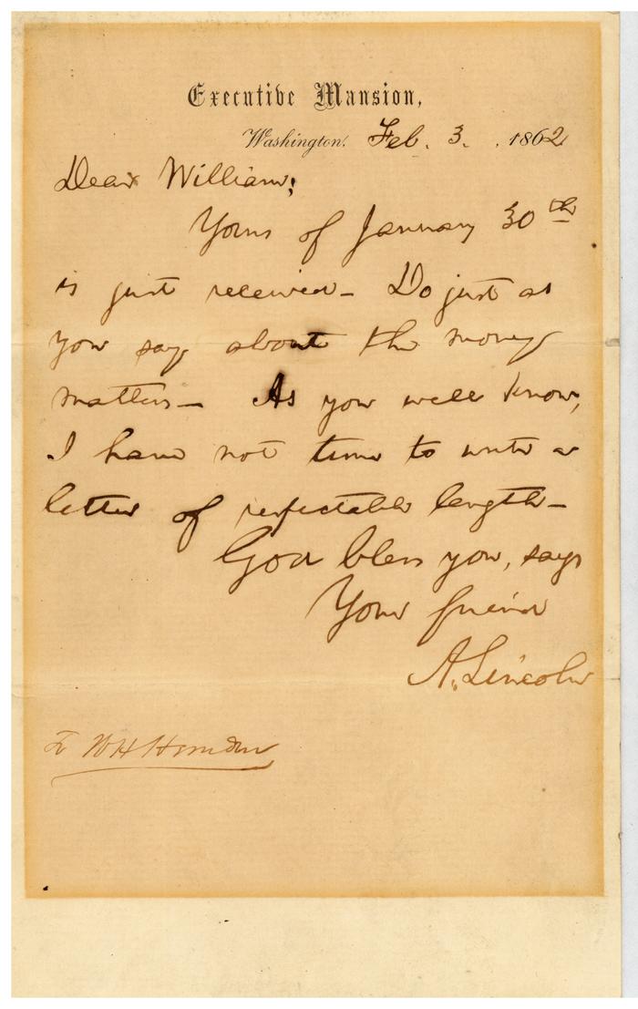 Abraham Lincoln letter to William H. Herndon, 1862