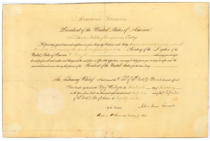 Appointment of Thomas Biddle as Secretary of the Legation of Brazil (1862)